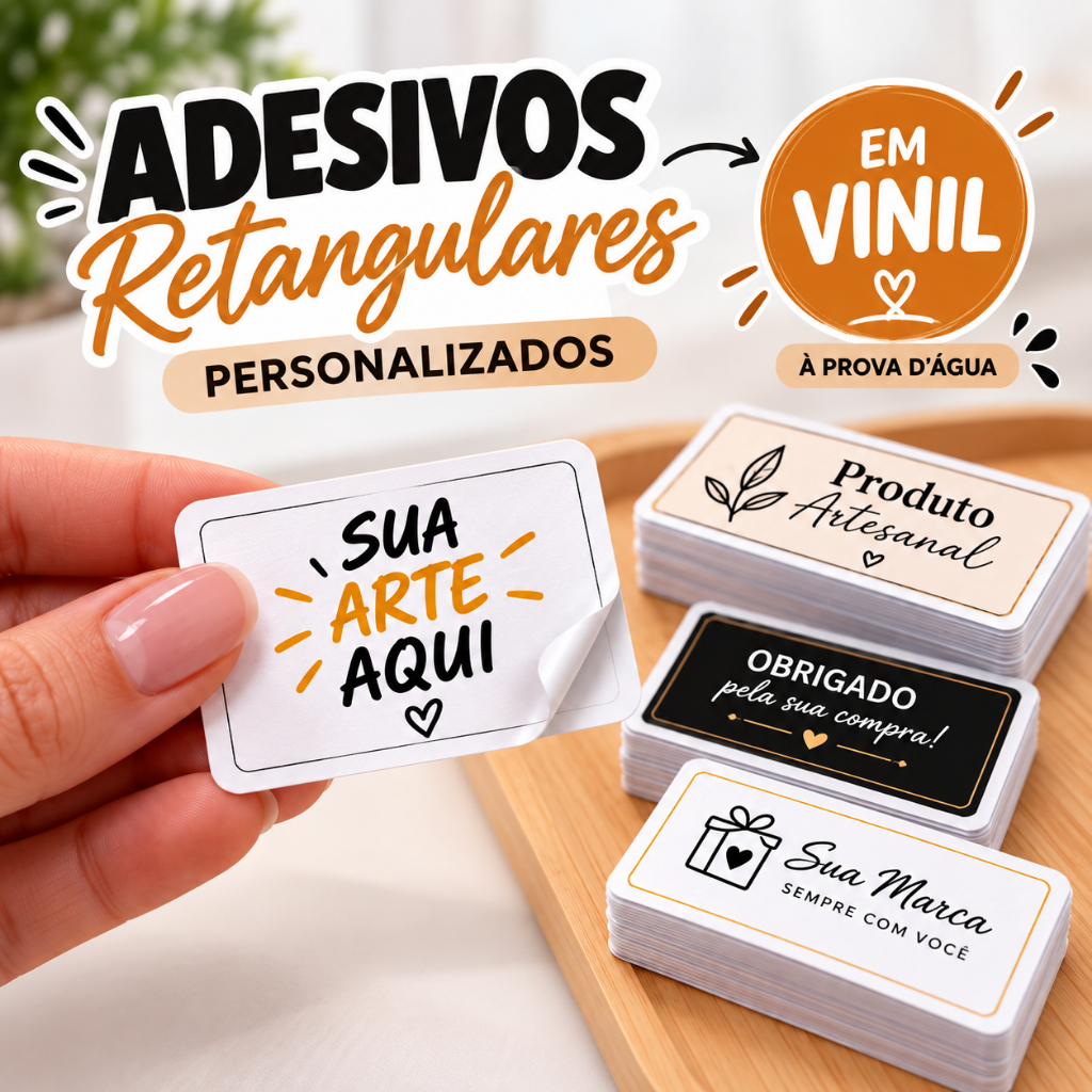 Adesivos Retangular em Vinil -  Personalizado Com Sua Arte - A prova D'água