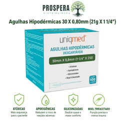Agulhas Hipodérmicas 30 X 0,80mm (21g x 1 1/4) - Escolha 25, 50, 100, 200, 300 unidades - UNIQMED