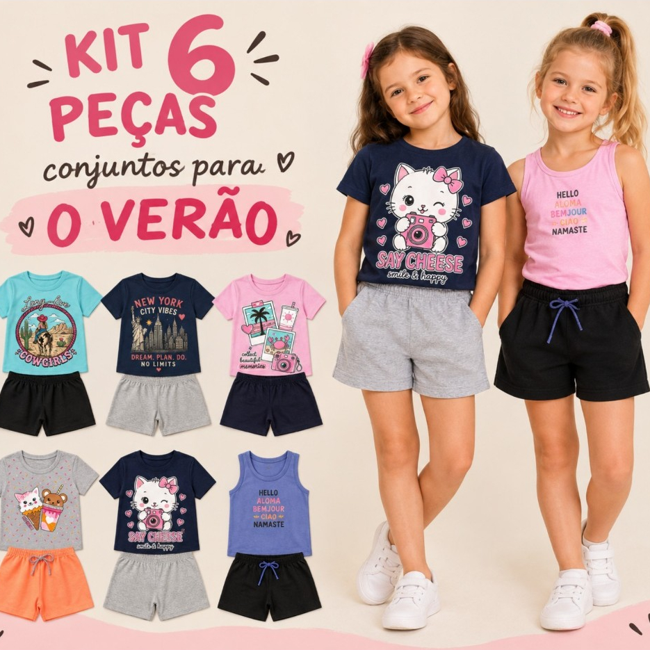 Conjunto Infantil Feminino kit lote  3 conjuntos roupa menina atacado 6 peças sortido verão