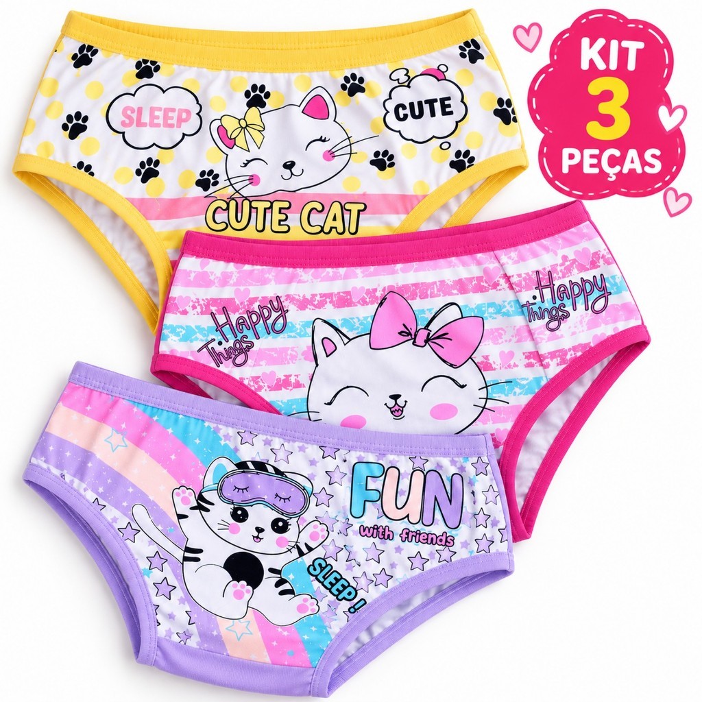 Kit 3 Calcinhas Infantis Menina Cotton Estampadas Confortáveis 4 a 10 Anos