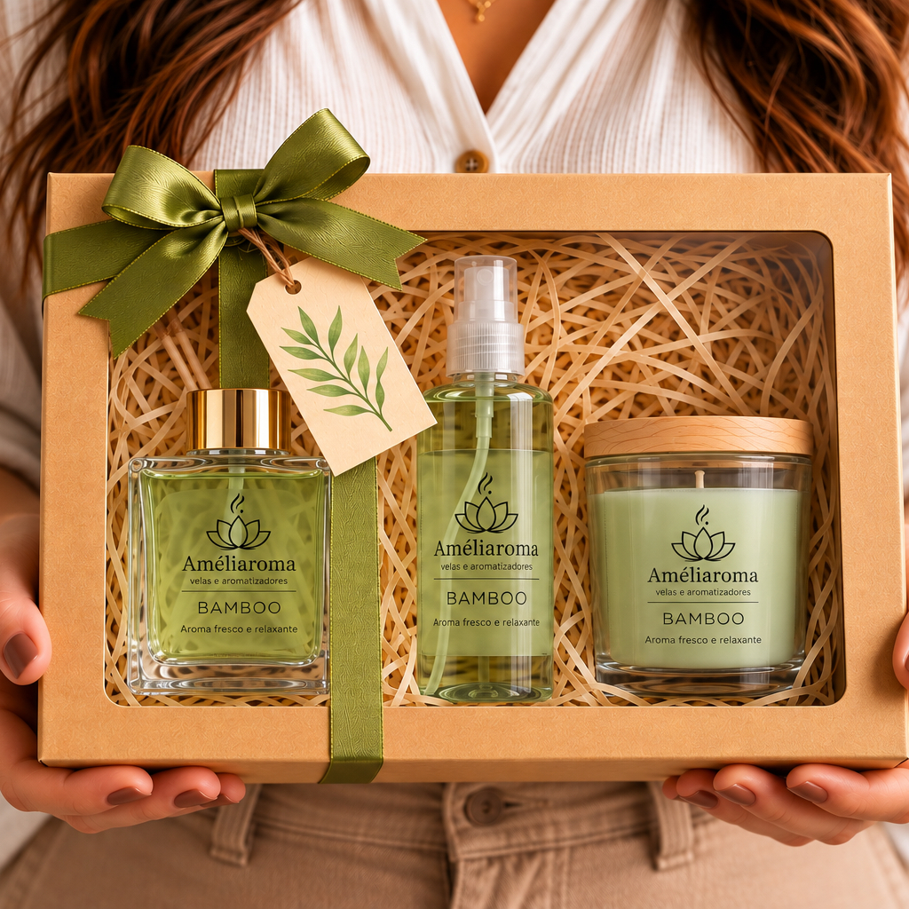Kit Presente Luxo Feminino - Vela Aromática + Difusor + Home Spray - Aroma Bamboo-Cereja e Avelã-Lavanda