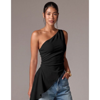 Blusa Feminina Regata Mula Manca Assimétrica Franzida Drapeada Elegante Casual