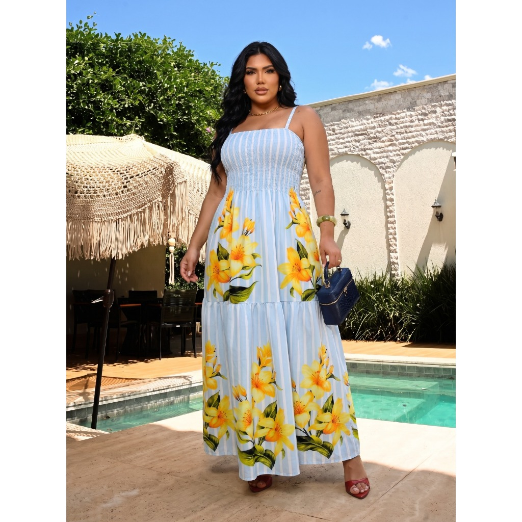 Vestido Longo Plus Size Estampado Florido Listrado Poa All Curve Alças Finas Elastico Modelador Disfarça Barriga Praia