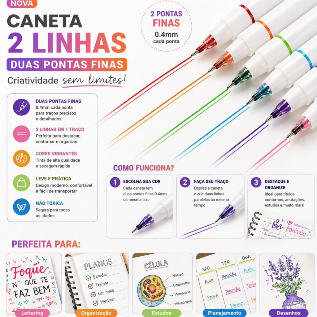 Caneta Ponta Fina Pen Hidrocor Multi Shape 2 Linhas Coloridas Fine Line Lettering Bobby Goods