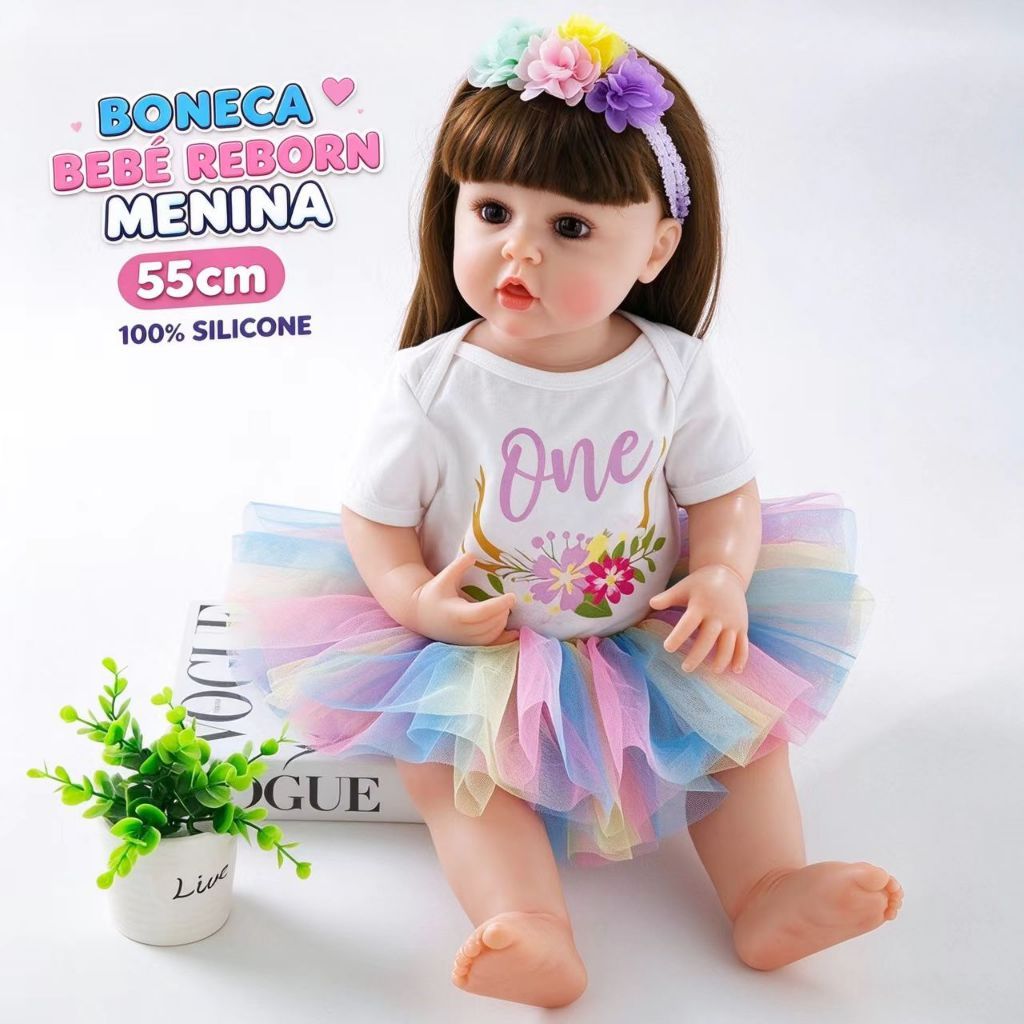 Boneca Bebê Reborn Menina 55cm 100% Silicone Realista Fica em Pé Cabelos Implantados com Acessórios