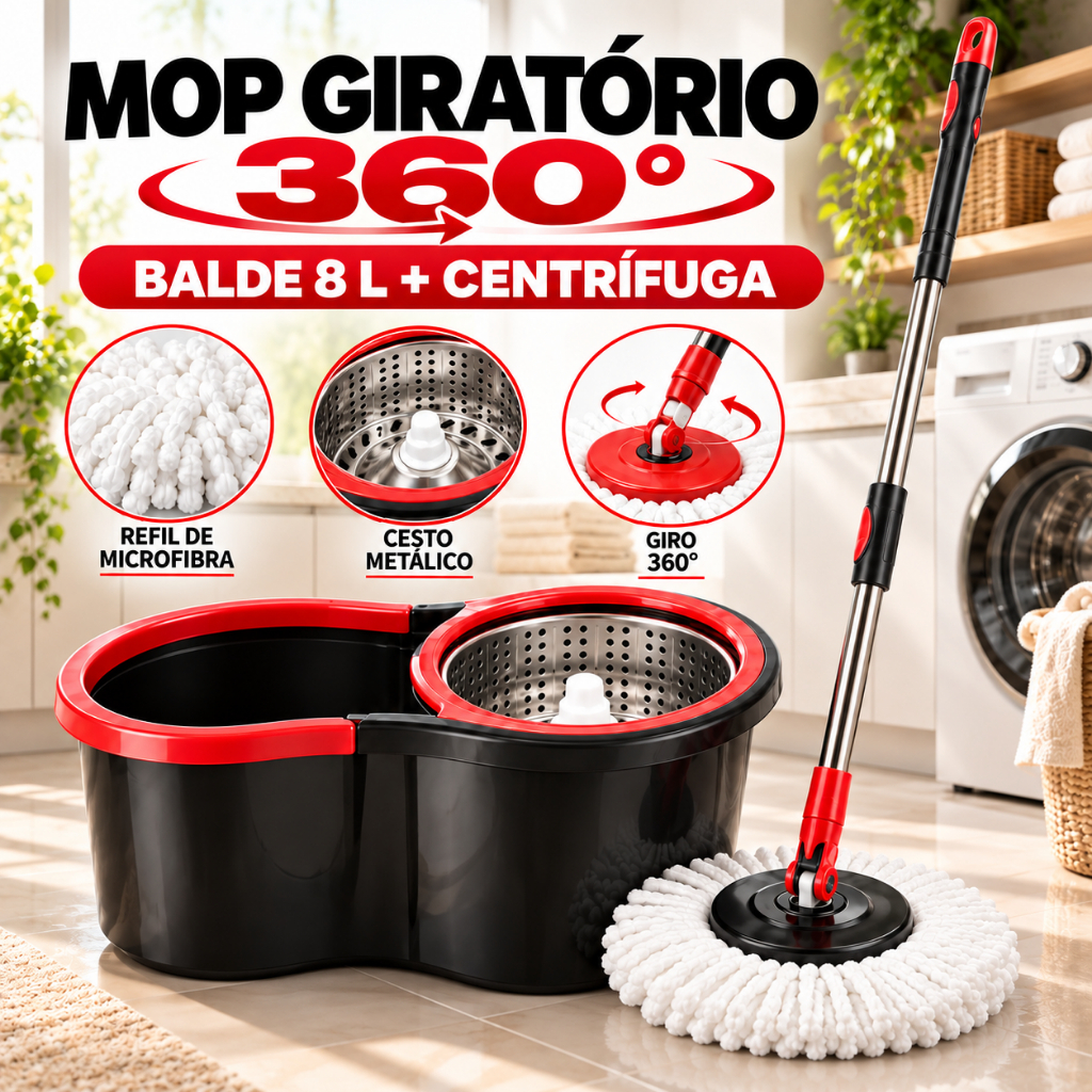 Mop Giratório 360 com Balde 8L Centrífuga Cesto Inox e Refil Microfibra para Limpeza