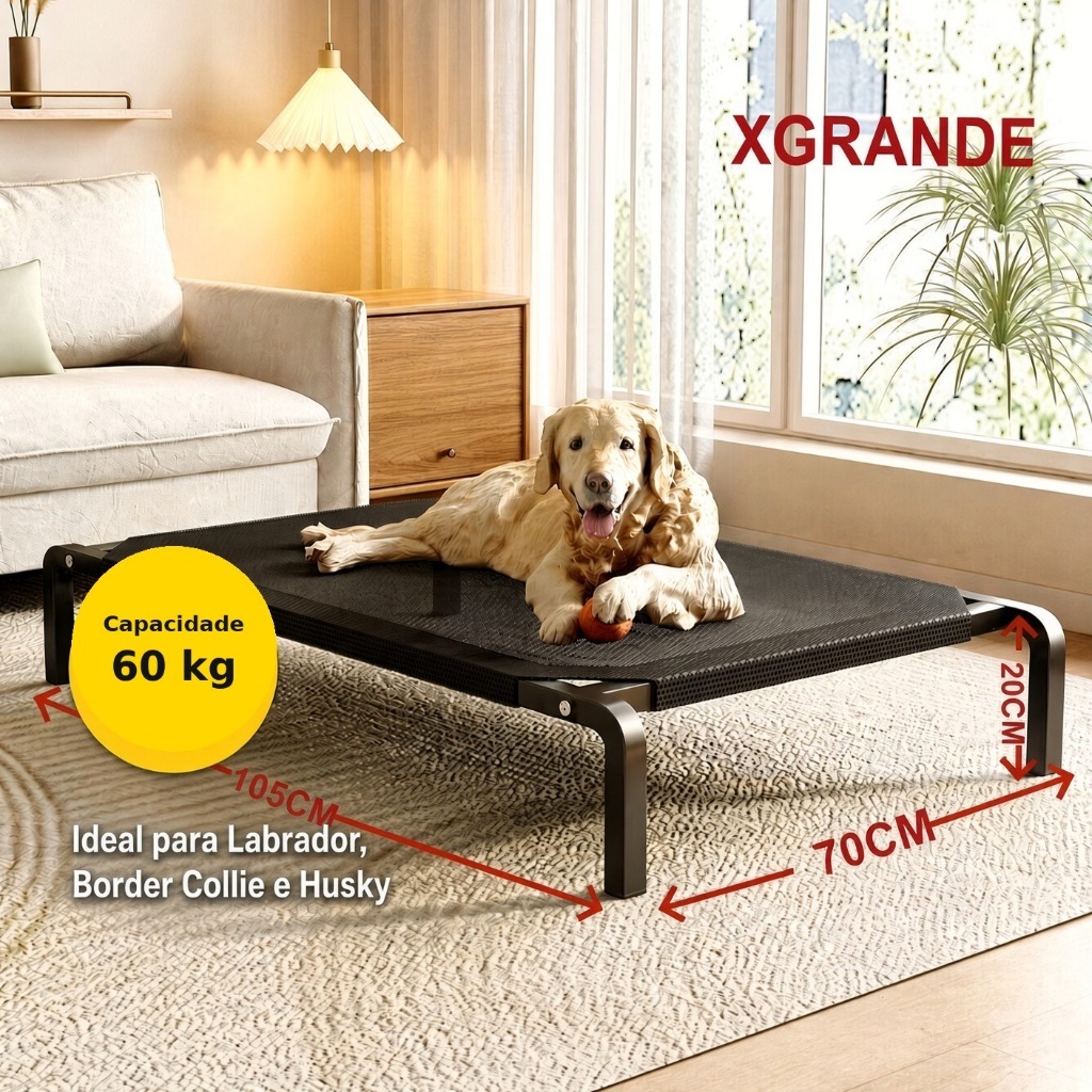 Cama Elevada Pet Respirável com Estrutura Metálica - Até 60kg, Ideal para Verão e Anti-Umidade