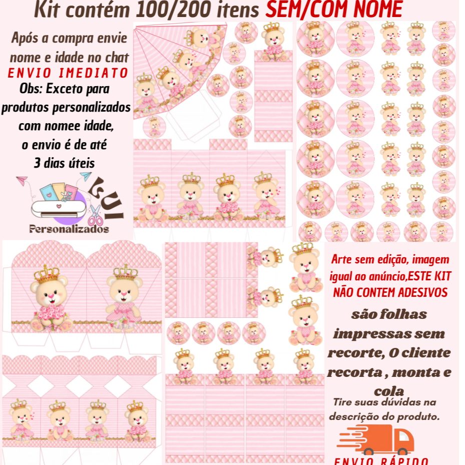 KIT COM 200/100 ITENS LEMBRANCINHAS S/COM NOME TEMA: CHÁ DE BEBÊ URSA REALEZA(Envio Rápido)