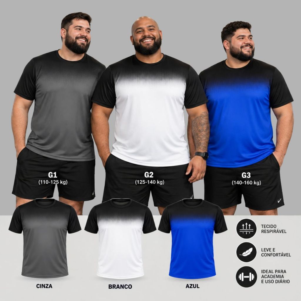 KIT3 Camiseta/Camisa Plus G1-G2-G3 Dry fit  Masculina  Respiravel Para Academia Treino Confortável
