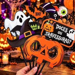 KIT 10 PLAQUINHAS DIVERTIDAS SELFIE FESTA DE HALLOWEEN (COD 22) (CHOCO)