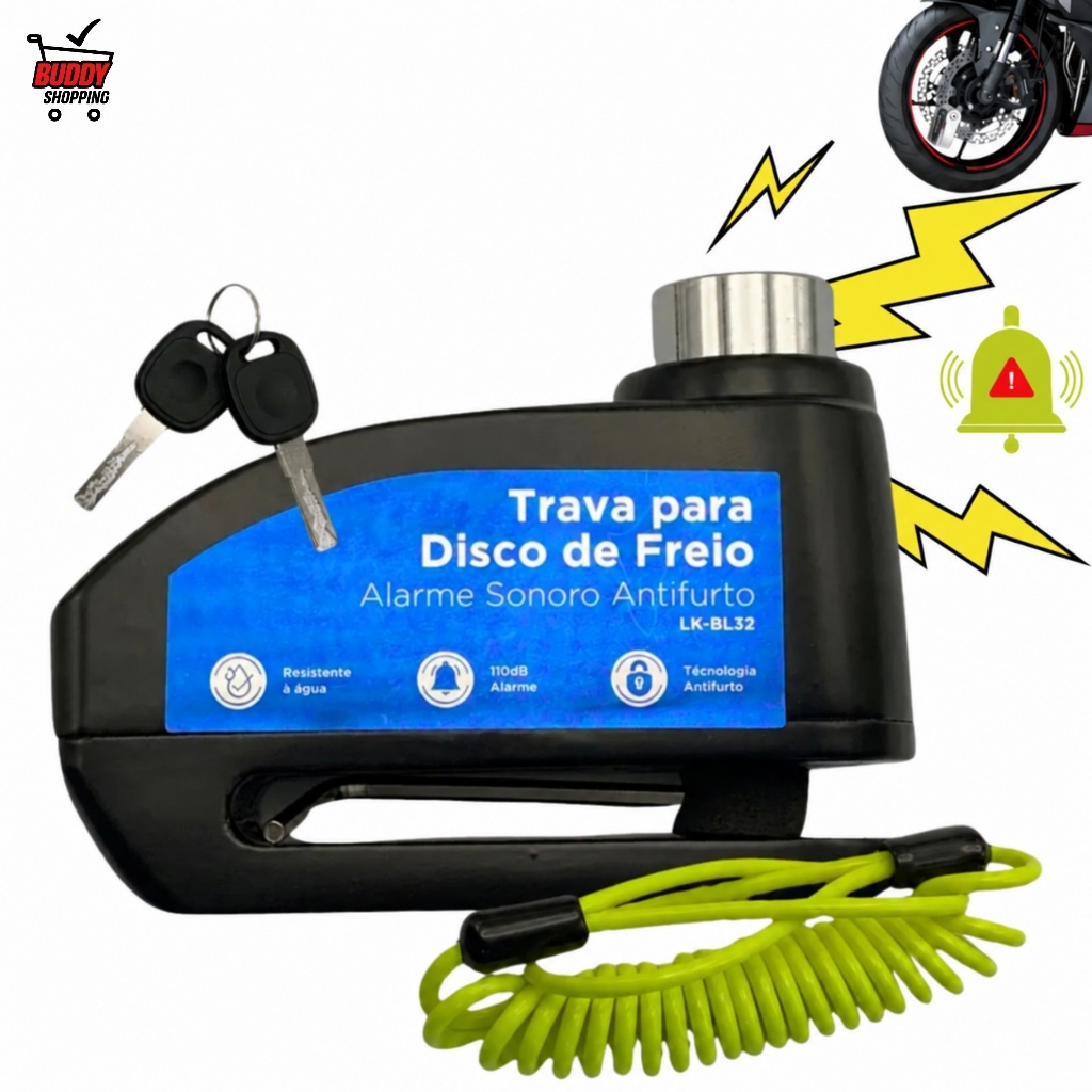 Trava de Disco com Alarme 110dB Luatek LK-BL32 Antifurto para Moto e Scooter com Cabo de Aviso