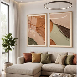 Kit 2 Quadros Decorativos Sala Abstrato Massa de Tinta Tons Terrosos Quadro para Sala com Moldura