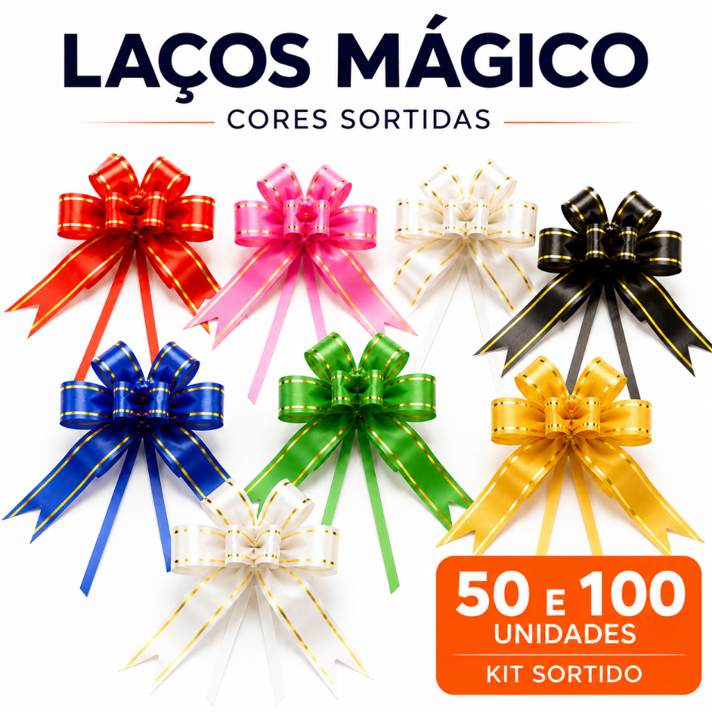 50 e100 Laços Mágicos Para Presente Com Filete Dourado P/M/G Diversas Cores 50/100 Unidades