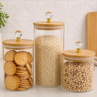Kit Potes De Vidro para Mantimentos com Tampa Bambu hermética pote para macarrão bolacha biscoito cozinha organizada