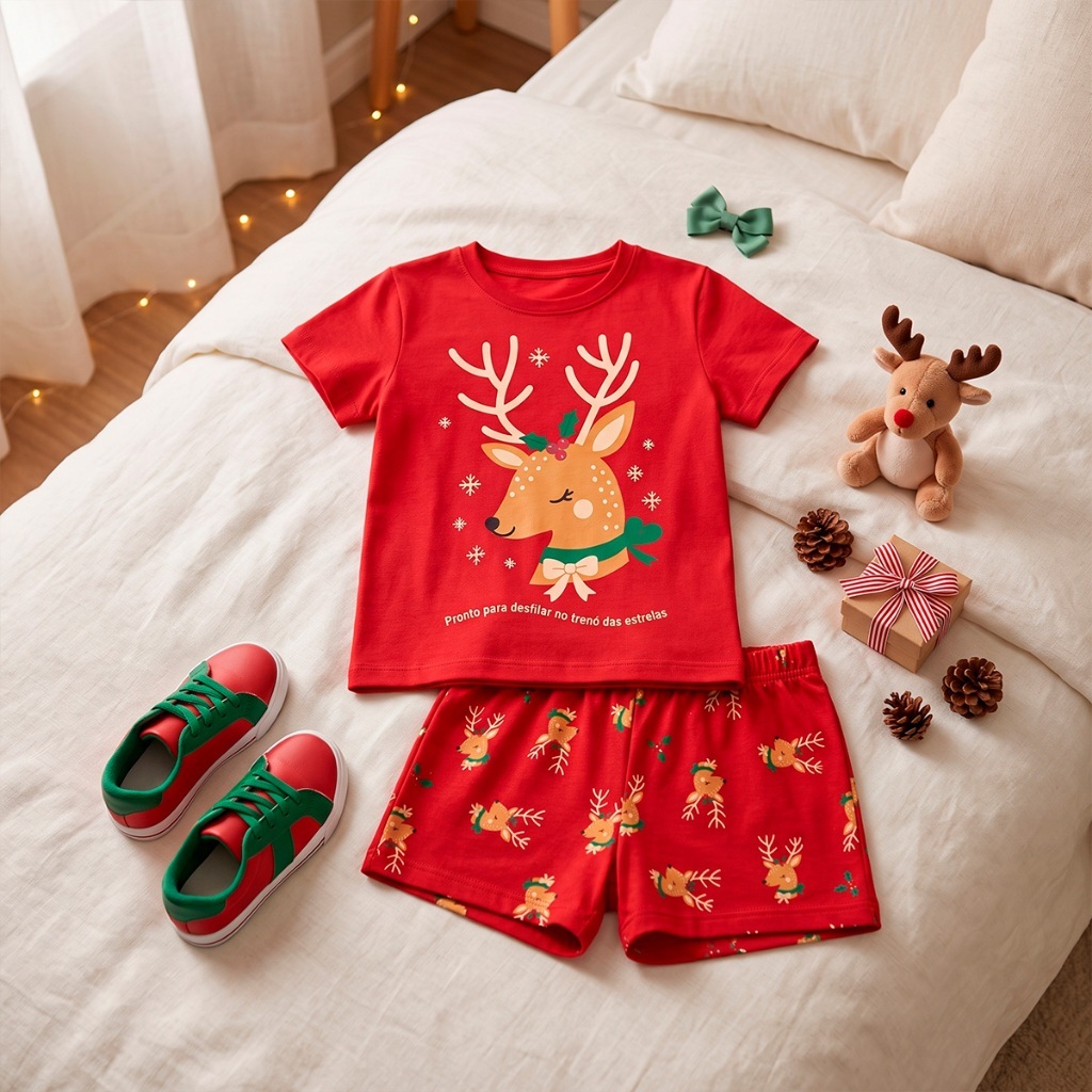 Pijama Natalino Bebê Menina Manga Curta Estampa Fofa Natal Roupa Infantil Verão Presente de Natal Conforto L21 · foto 2