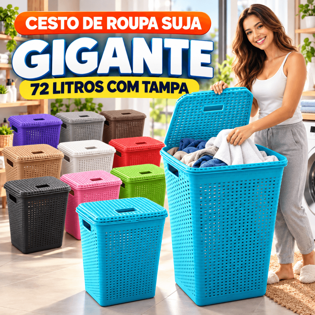 Cesto de Roupa Suja com Tampa 72L Grande Plástico Resistente para Lavanderia Banheiro Família