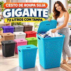 Cesto de Roupa Suja com Tampa 72L Grande Plástico Resistente para Lavanderia Banheiro Família