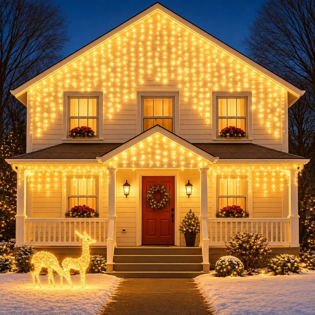 KIT CASCATA DE LUZ NATAL 400 LEDs 8 FUNÇÕES BRANCO QUENTE 110V OU 220V
