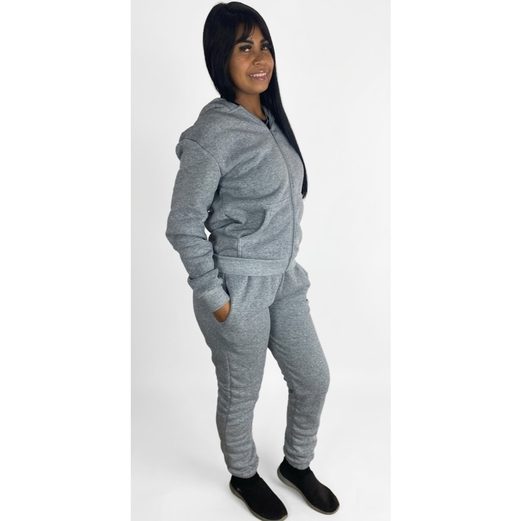 Conjunto Moletom Feminino Zíper Capuz Flanelado Casual Confortável