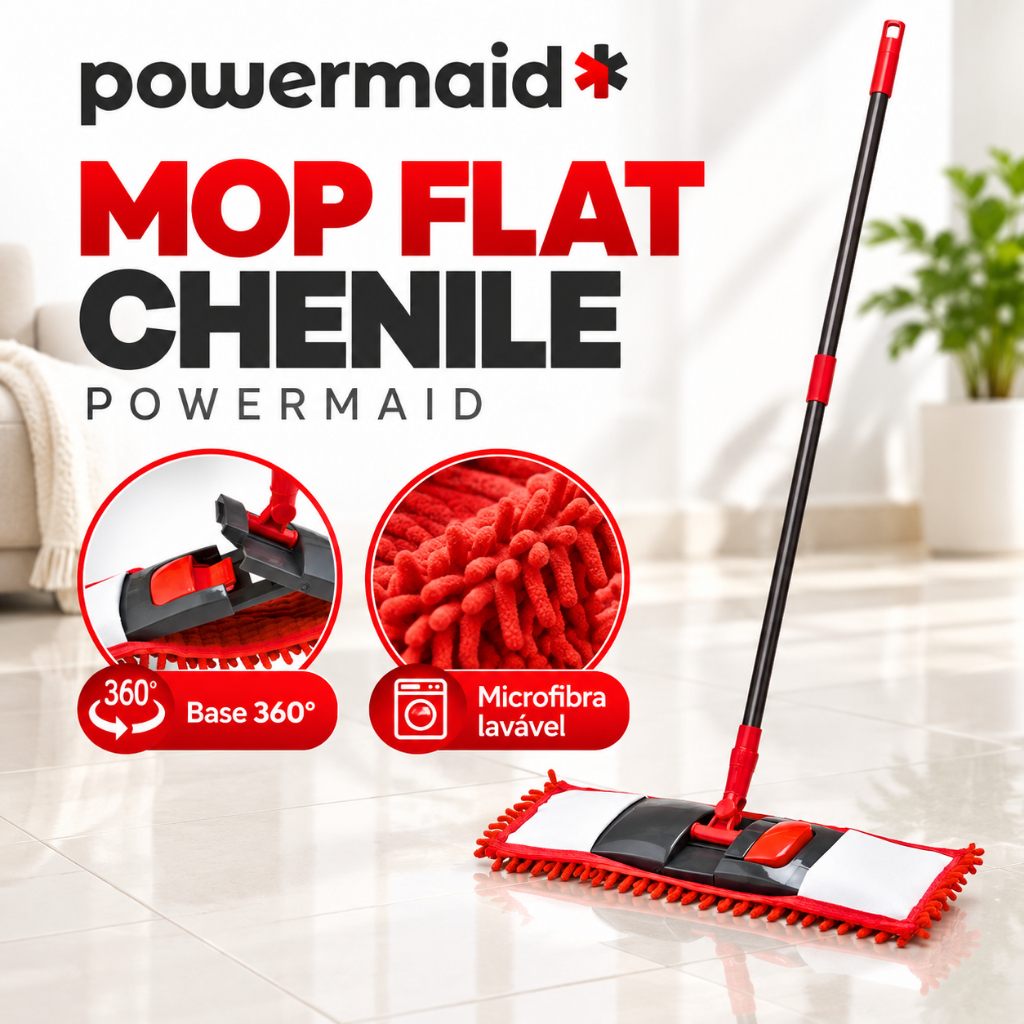 Mop Flat Chenile Powermaid 360° Microfibra Cabo Ajustável 72 a 120cm para Pisos