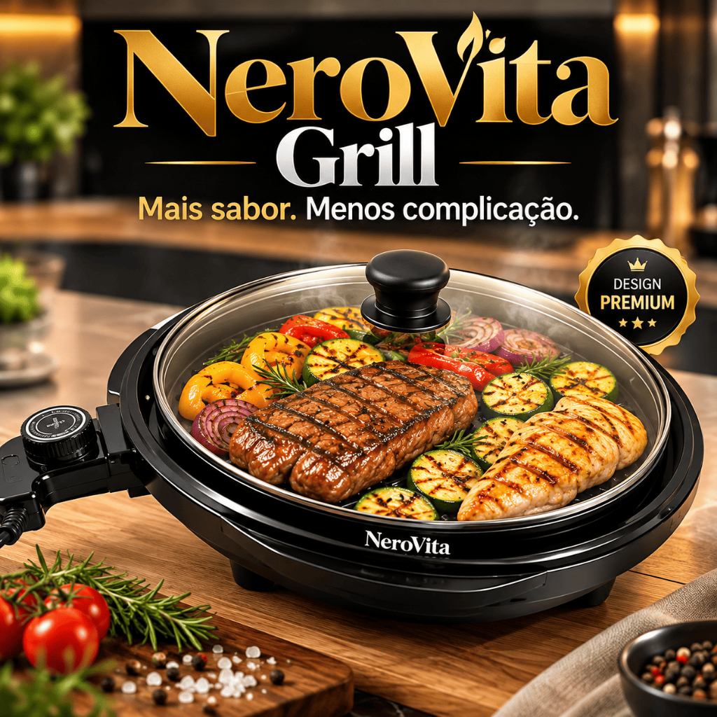 Grill Elétrico Redondo Antiaderente com Tampa de Vidro e Termostato Ajustável 220V Preto