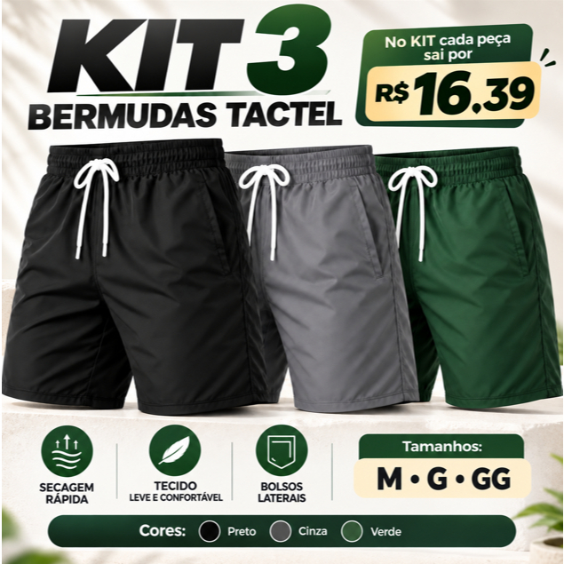 KIT3 Bermuda Tactel Masculina Esportiva Shorts Praia Academia Viagem Clube Praça Treino Conforto Secagem Rápida Elastano