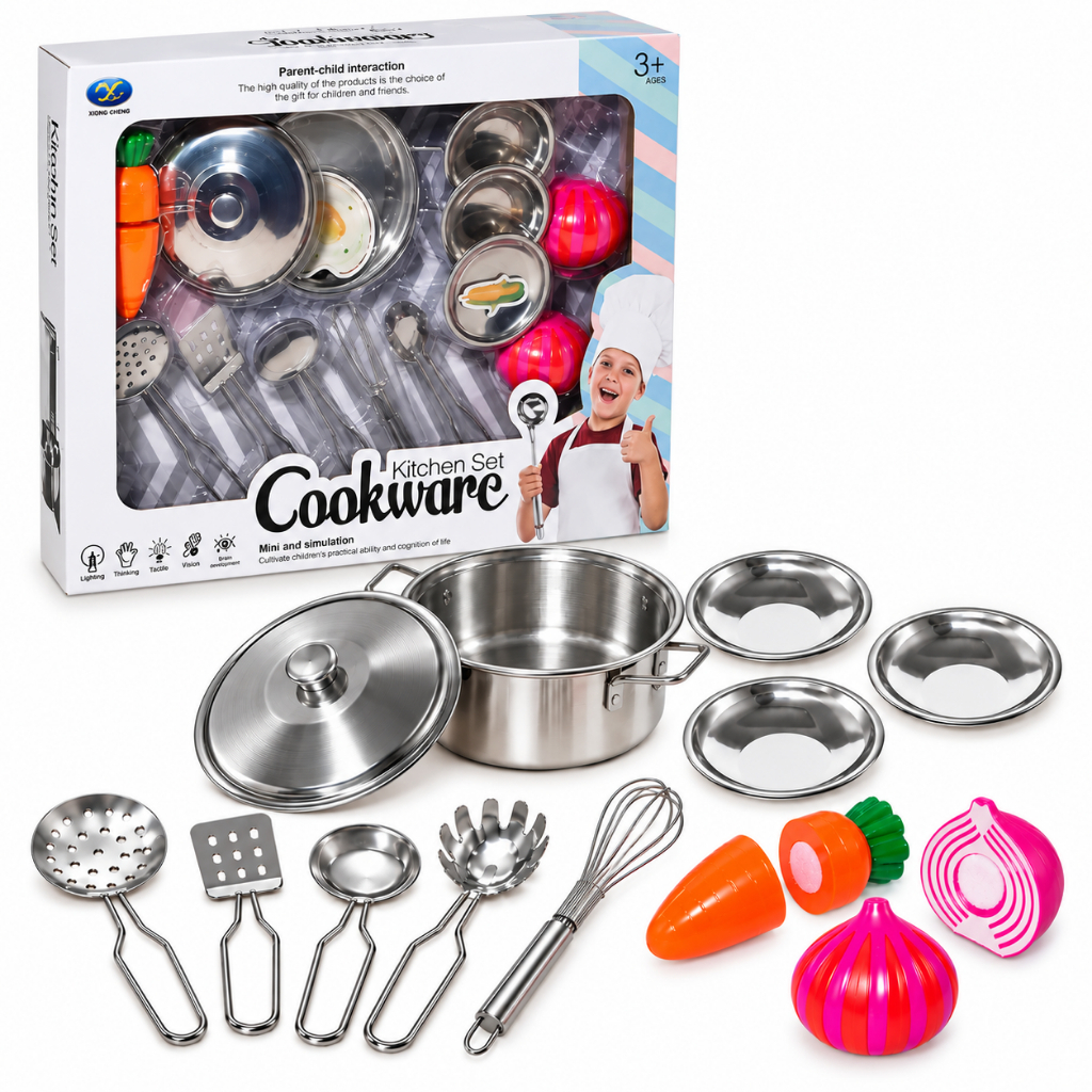 Jogo De Panelas Brinquedo Infantil Aço Inox Peças Com Utensílios C/ Variação