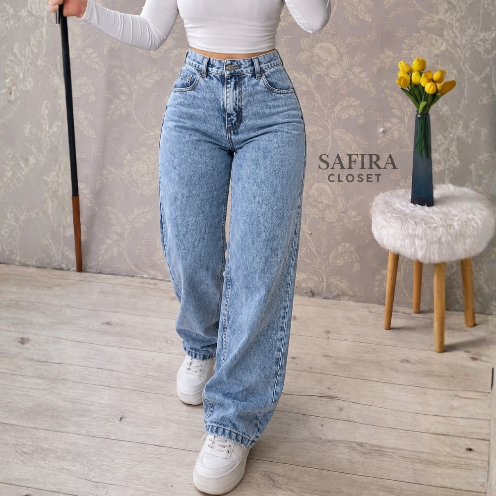 Calça Wide Leg Jeans Feminina Marmorizada Cintura Alta 100% Algodão Premium