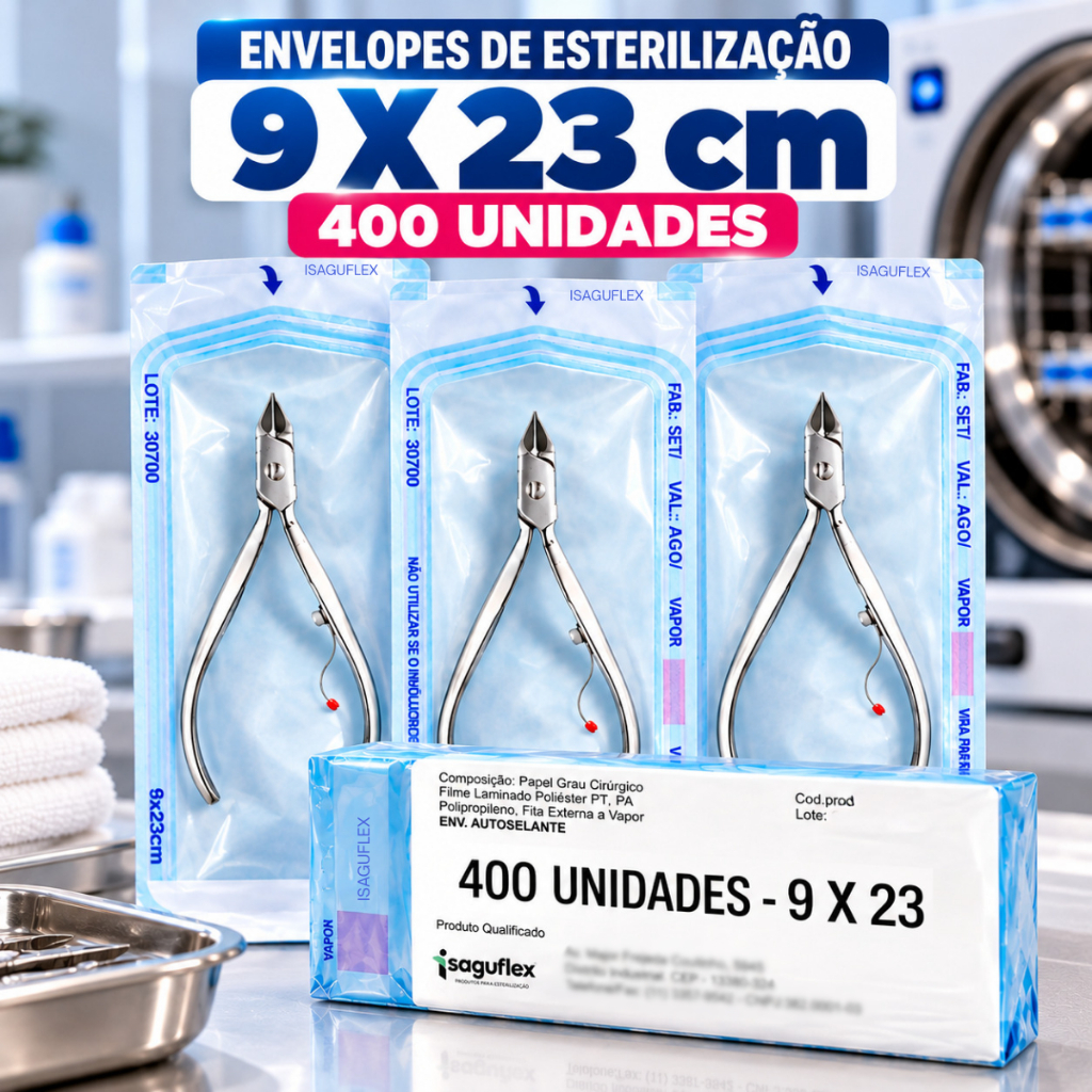 Kit 400 unidades Envelope Esterilização Alicate Cuticula Autoclave 9x23 cm Manicure Pedicure