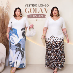 Vestido Feminino Longo Gola V Pus size Moda Evangelica Festa Verão Casual Elegante Versátil 44 a 58