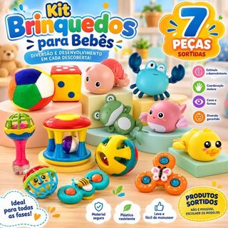 Kit Brinquedo Sensorial Infantil 7 Peças Maraca Guizo Torre Bola Colorida Spinner Educativo Coordenação Motora