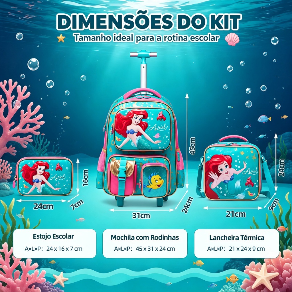 Kit Mochila Rodinha Sereia Ariel Disney Escolar Lancheira Estojo · foto 2