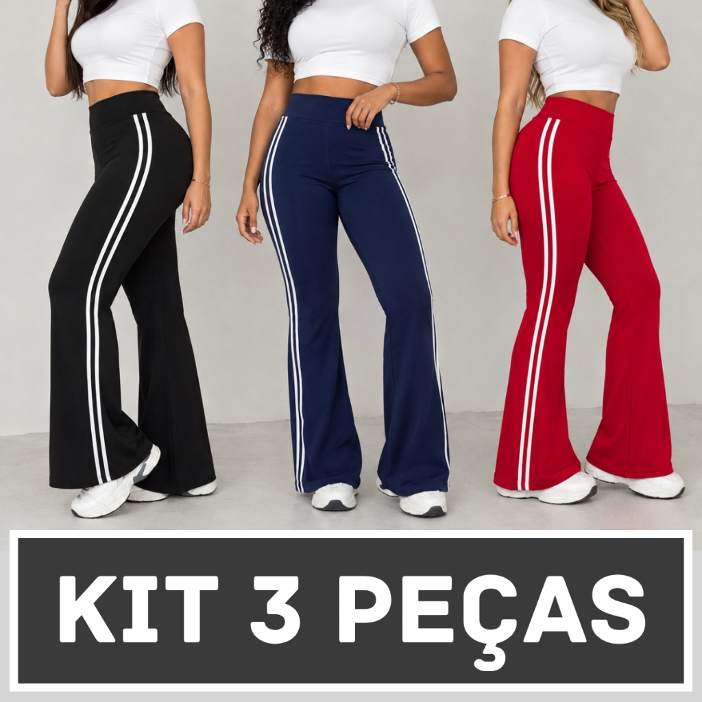 Kit 3 Calças Bailarina Cintura Alta Com Listras nas Laterais Moda