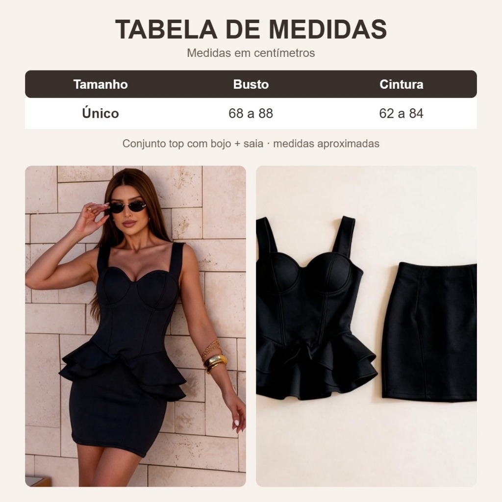 Conjunto Feminino Top Cropped Com Bojo Sem Sutiã + Saia Curta Duas Peças Conjuntinho Luxo Moda Blogueira Festa — imagem 2 de 2