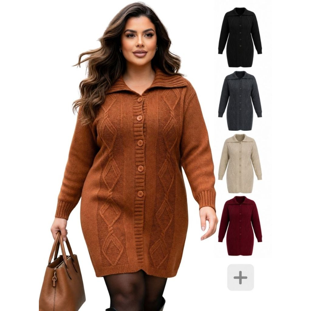 Sobretudo Plus Size Casaco de Lã Feminino  Plus Size com Botão Tricot Casaco Tamanho Grande