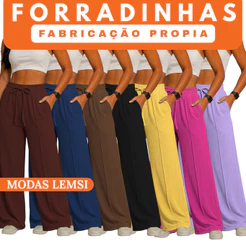 Calça Pantalona Feminina Duna Cintura Alta Forrada Com Forro Bolso Cós Elástico Friso Zero Transparência Não Amassa