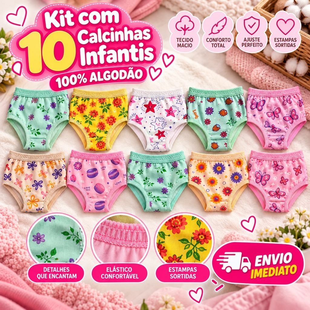 Kit 10 Calcinhas Infantis, menina, criança, 100% Algodão Menina | Confortáveis, Macias, Estampas Sortidas | P ao GG