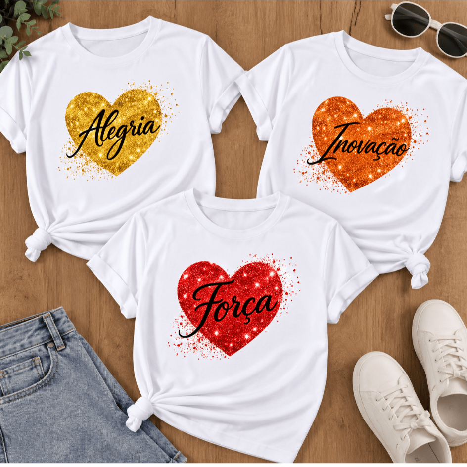Camiseta Estampada Coração Palavras Reveillon Blusa 100% Algodão T-shirt Feminina Camisa Masculina