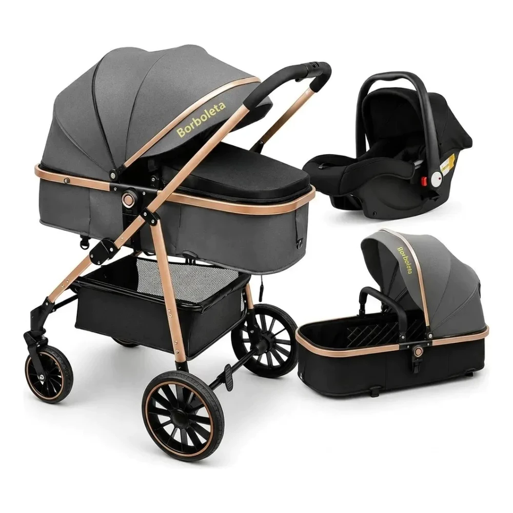 Carrinho De Bebê 3 Em 1 Premium Luxo Moisés + Bebê Conforto Completo Reclinável Rodas Com Amortecedor Kit Enxoval Segura