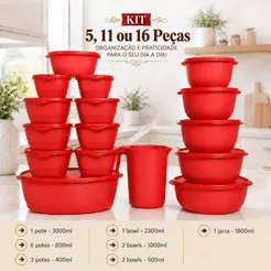 Kit Jogo de Cozinha 5, 11 ou 16 Peças Potes Herméticos Com Jarra Plástico Resistente Livre BPA Organizador de Alimentos