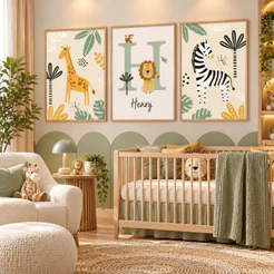 3 Quadros Decorativos para Quarto de Bebê Safari Baby Nome Personalizado