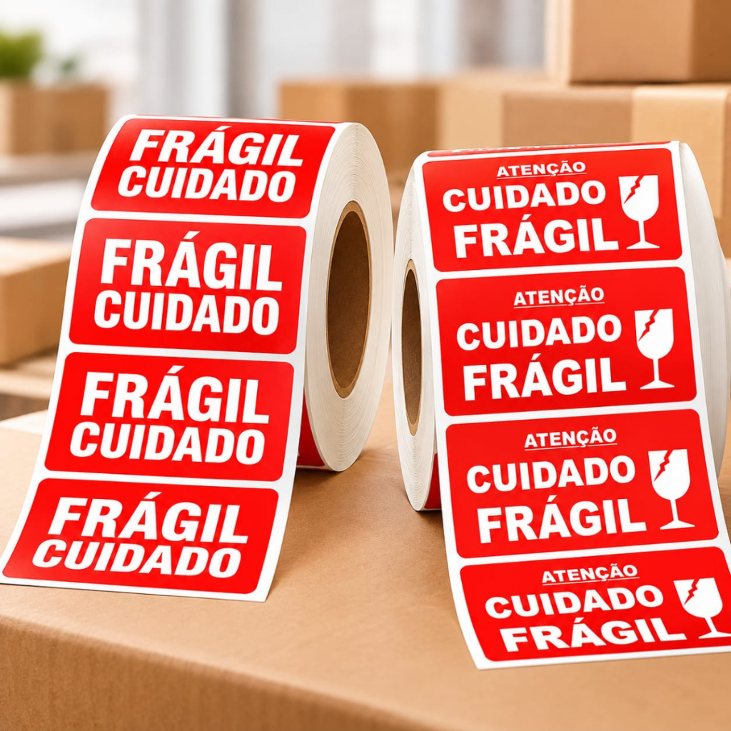Kit Etiquetas Adesivas Cuidado Frágil Embalagem Proteção Ecommerce 6x4 cm Envio Seguro Caixas