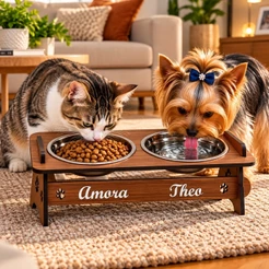 Comedouro Bebedouro PERSONALIZADO Duplo Com Tigelas Inox + Tampas P Cães/Gatos
