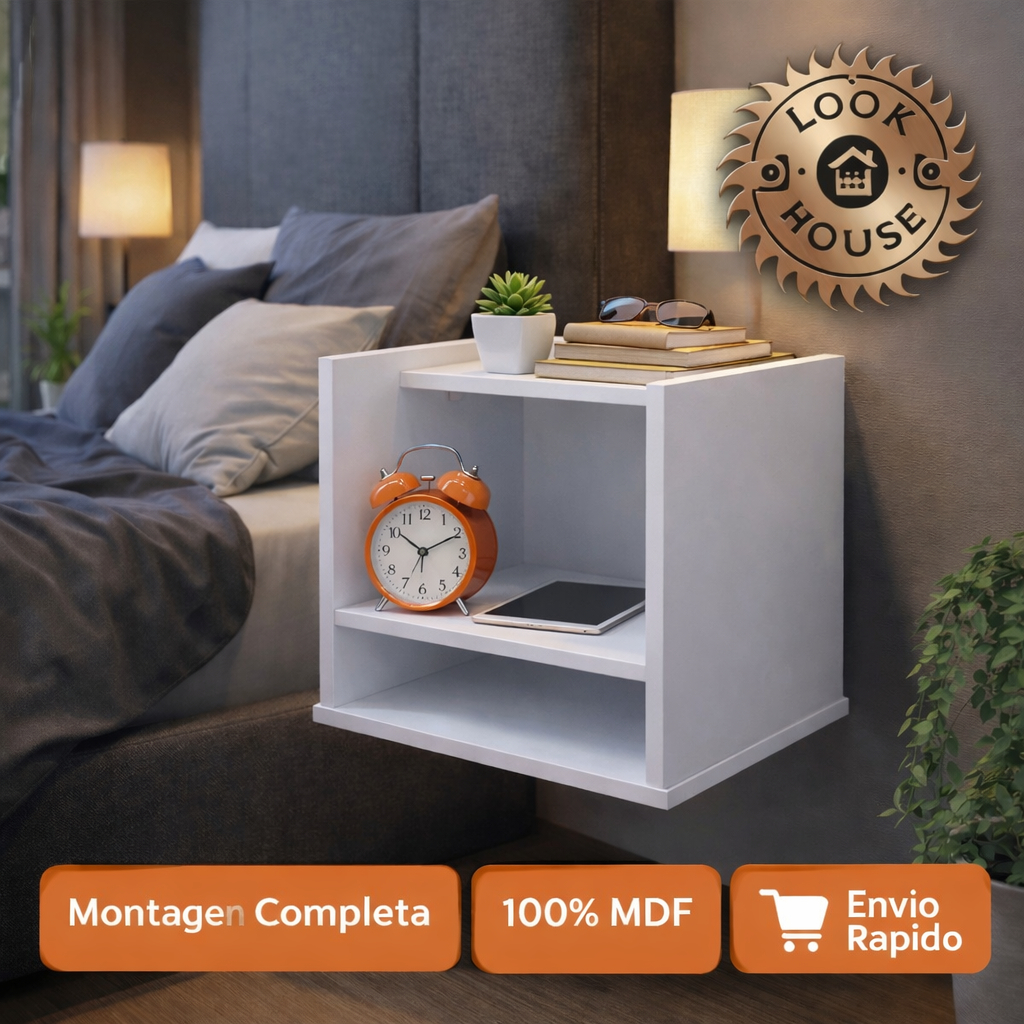 Mesa de Cabeceira Flutuante Criado Mudo Moderno Nicho Branco Suspenso em MDF Design Compacto e Elegante