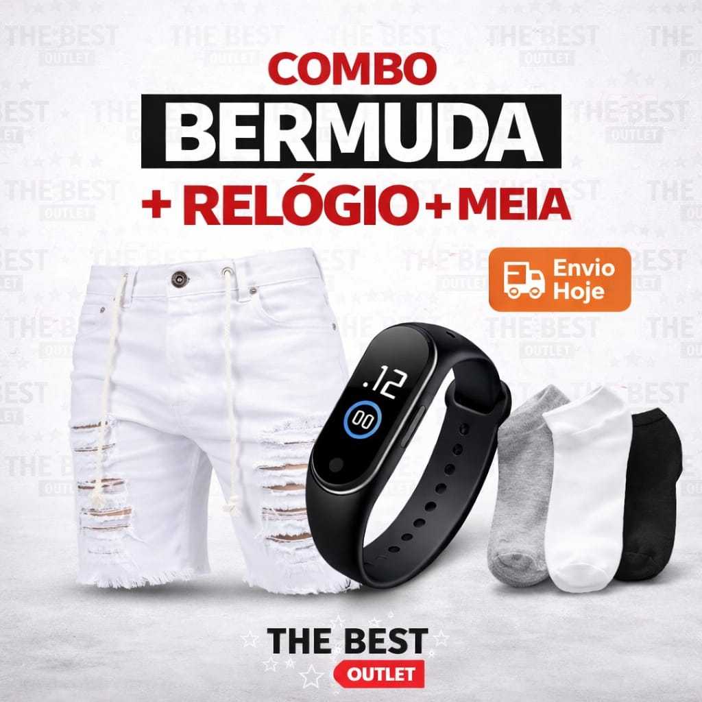 Bermuda Jeans Branca Rasgada + Relógio Esportivo + Meia + Envio Rápido