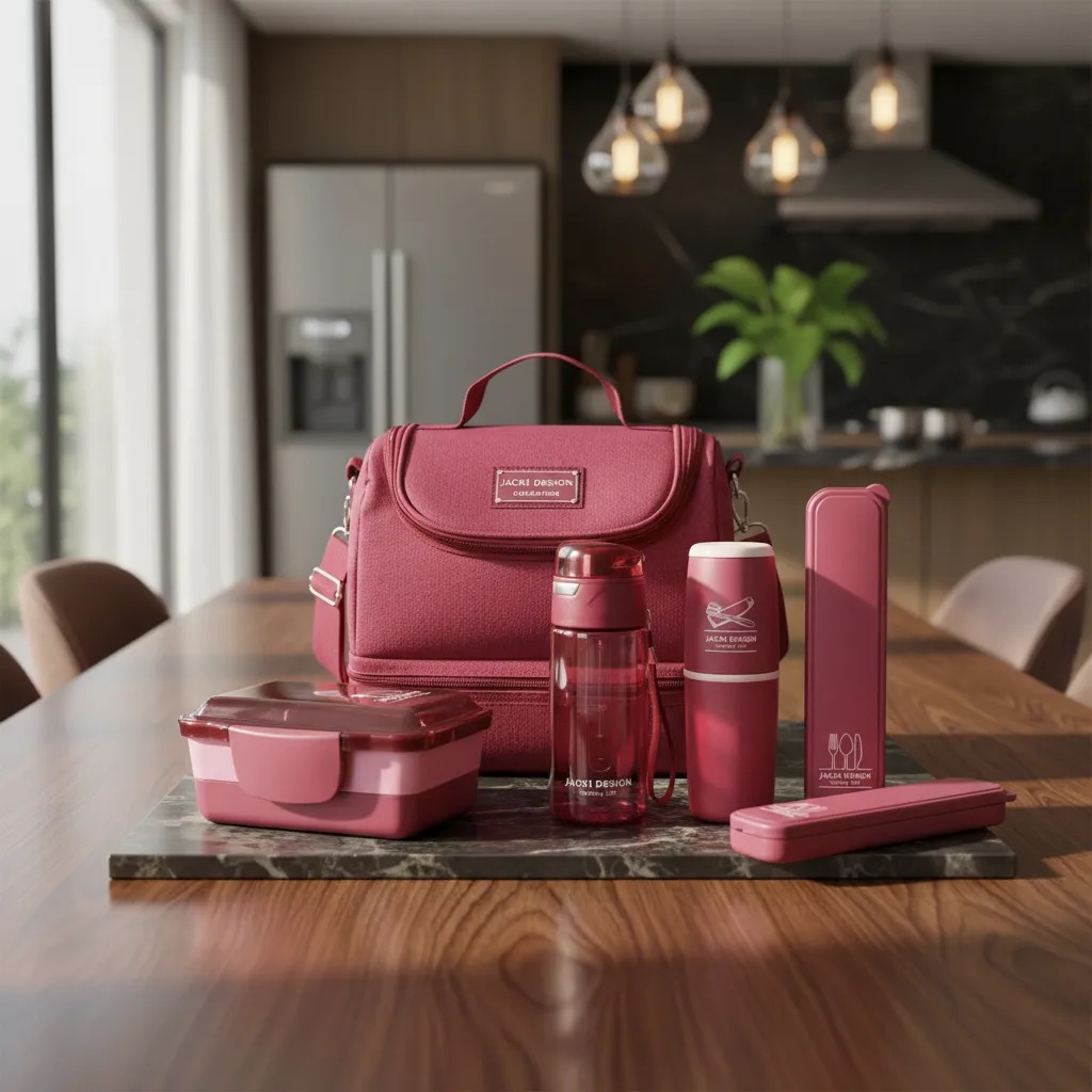 Kit de Bolsa Térmica c/ 2 Compartimentos, Copo e Marmita, Porta Talher e Porta Escova