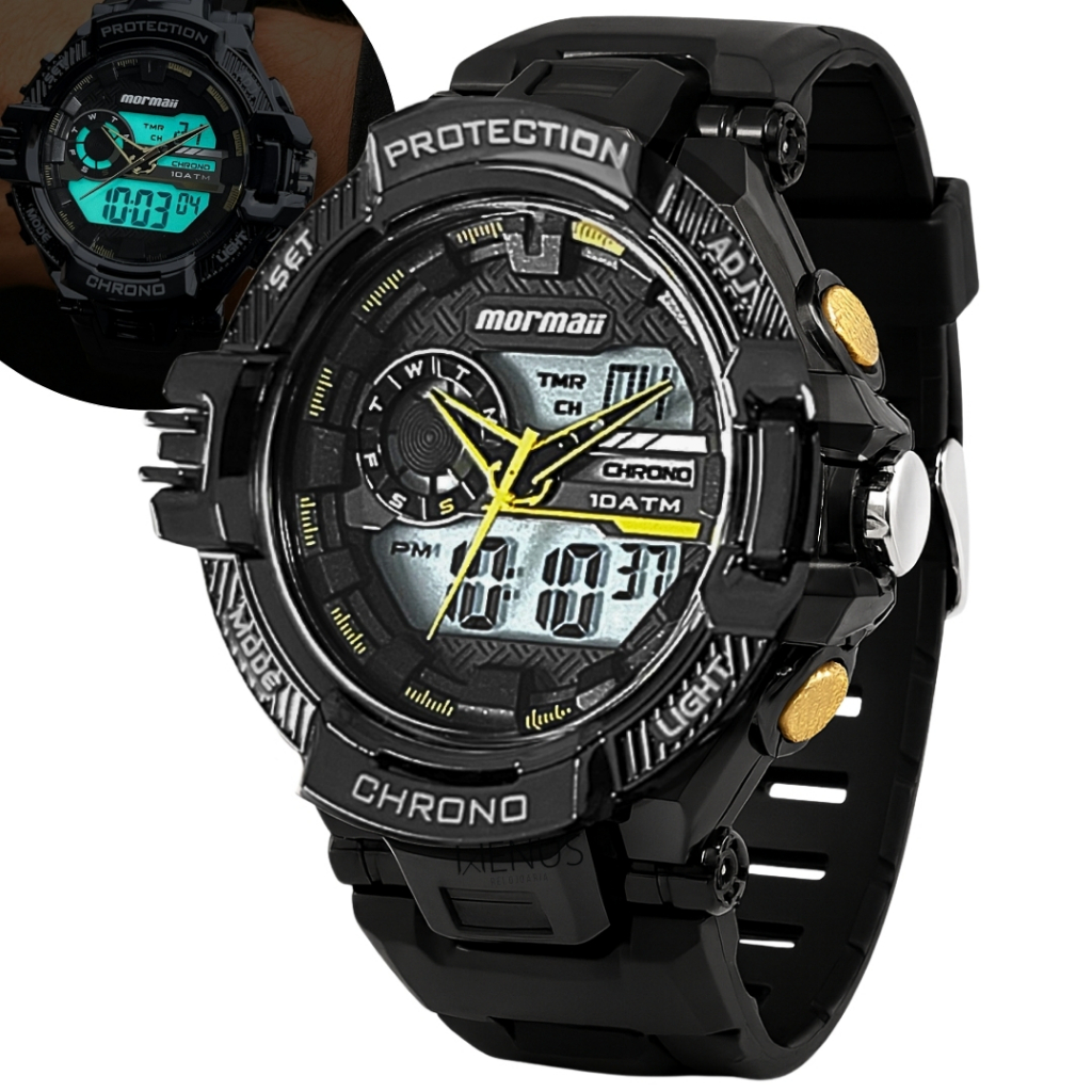 Relógio Mormaii Anadigi Masculino Aventura Preto Display Positivo Visor Noturno Prova d'água 10 ATM Original