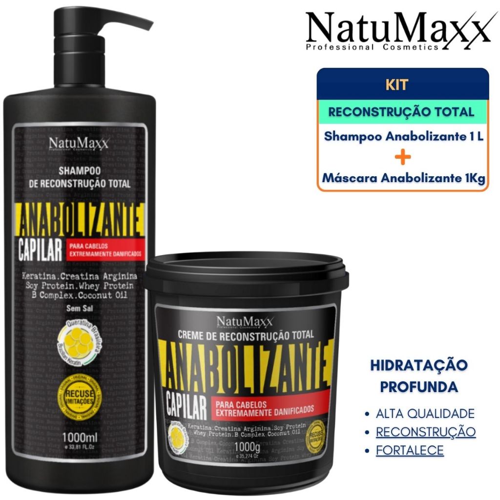 Kit Anabolizante Capilar Shampoo Fortificante Sem Sal 1L + Máscara Nutrição Hidratação 1kg Natumaxx