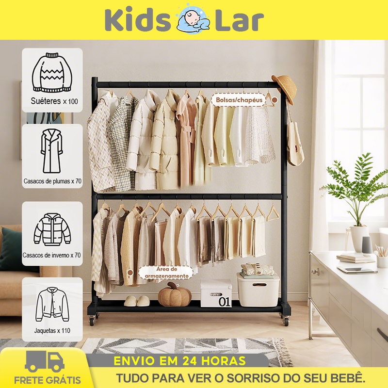 Arara de Roupas Multiuso Estendal Para Secar Colchas com Sapateira e Rack Cabideiro de Carbono com Rodinhas