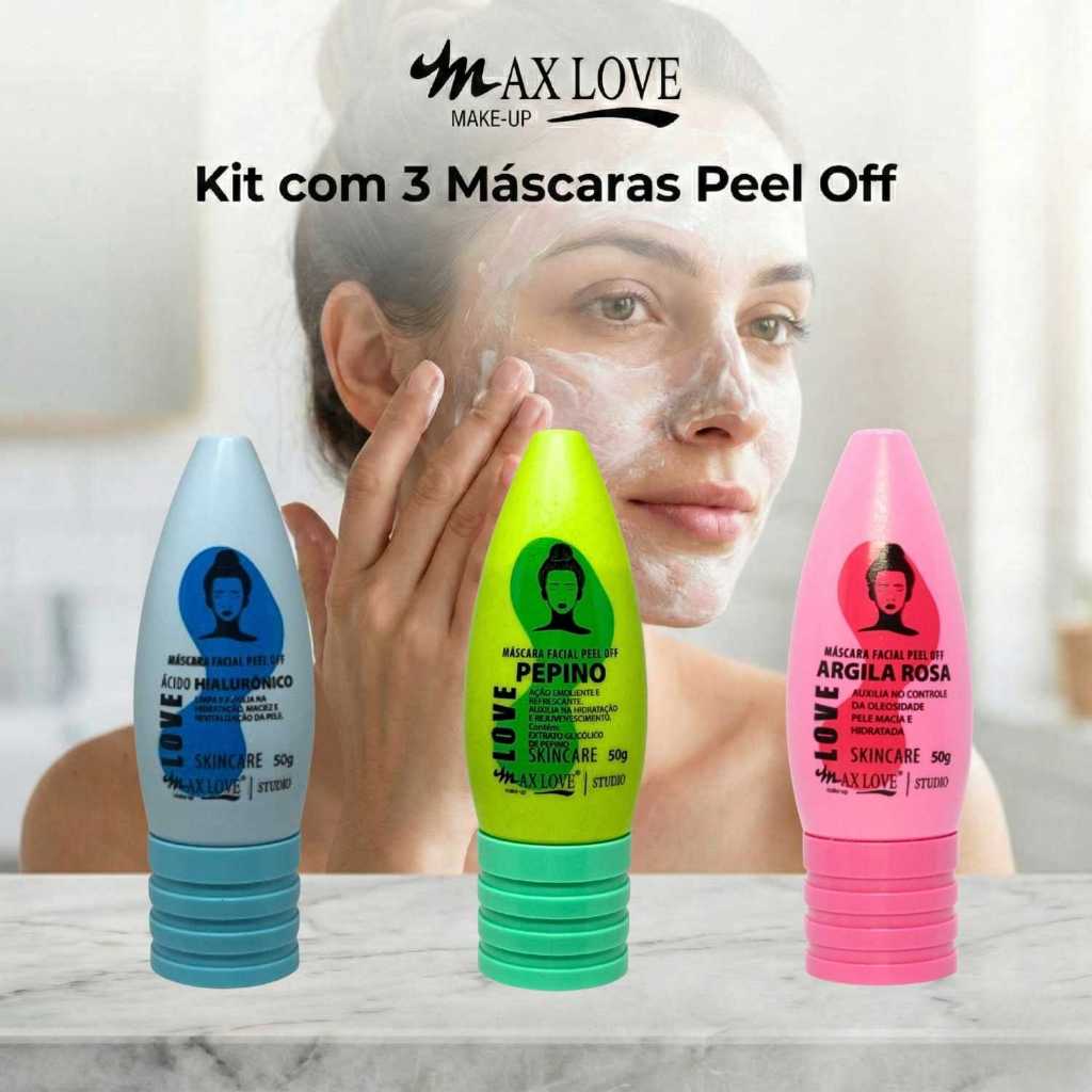 Kit com 3 Máscaras Peel Off - Ácido Hialurônico, Pepino, Argila Rosa Max Love
